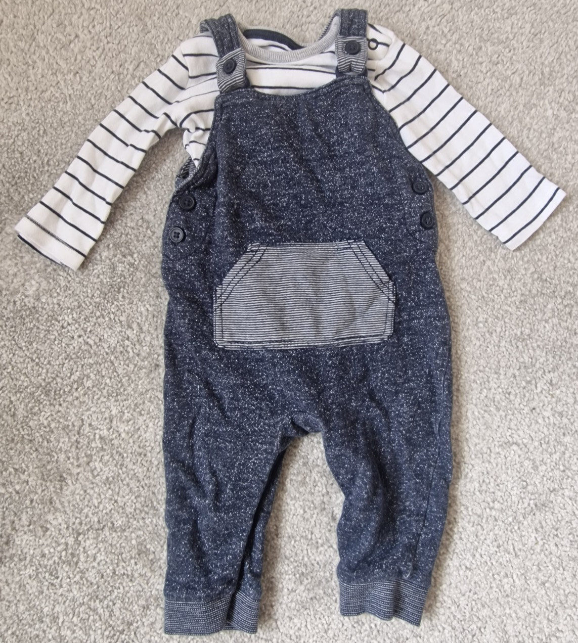 GEORGE Boys Blue Dungarees and Stripe Long Sleeve Vest with poppers 6-9 months