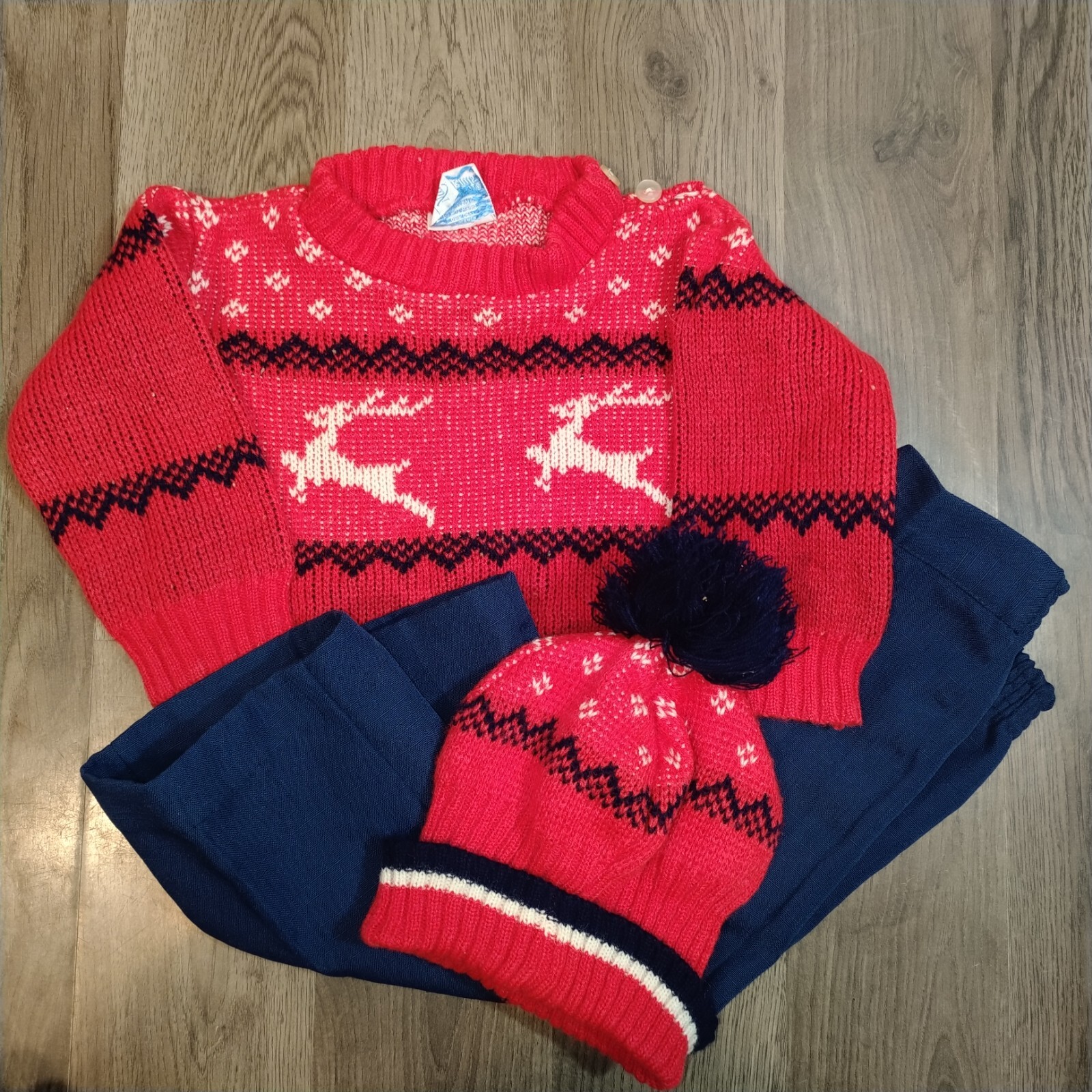 Vintage Baby Boy Christmas Sweater Outfit Holiday Set Hat Pants 3 Piece Set