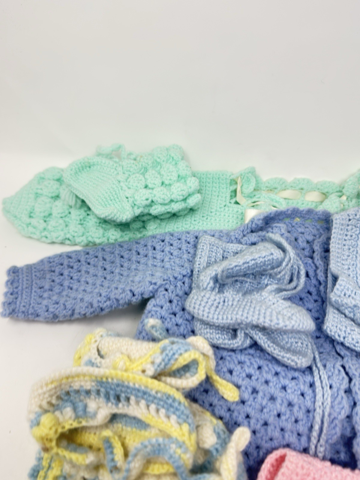 Handmade Crocheted Baby or Doll Sweaters Caps Booties Mixed Lot of 10
