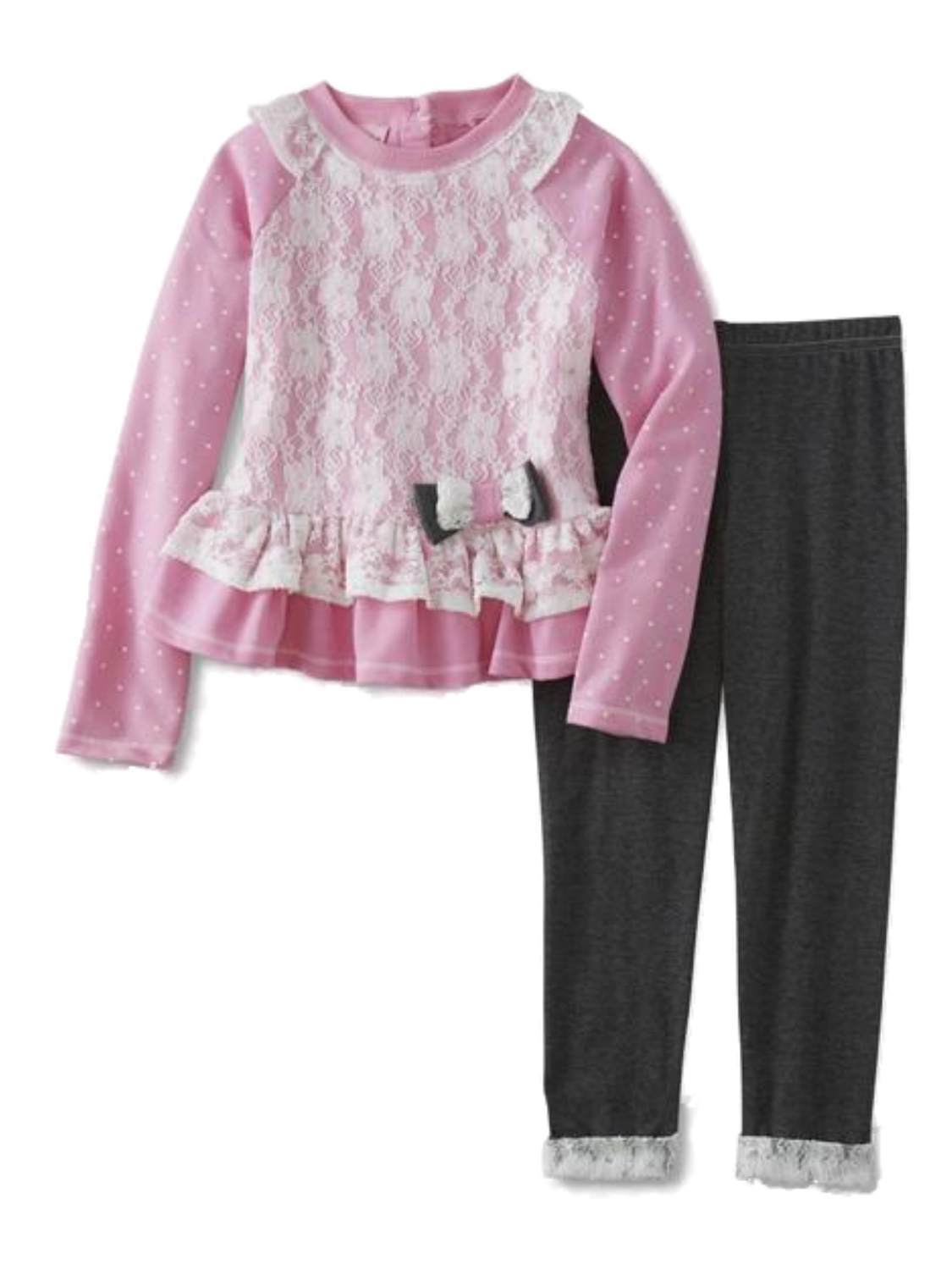Girls Pink & White Lace Sweater Top With Bow & Gray Lace Cuffed Leggings Set