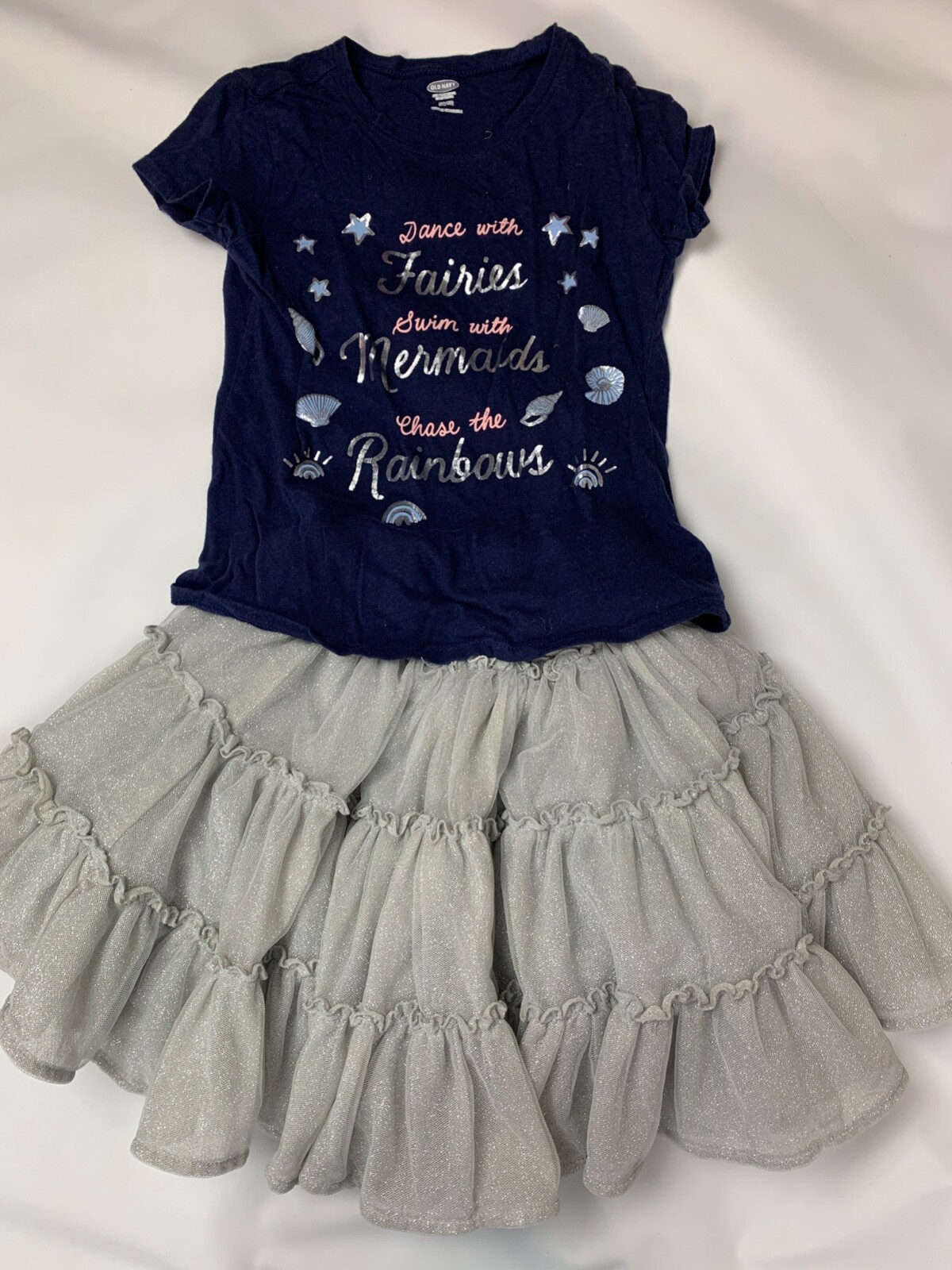 Old Navy Silver Sparkle Tiered Tulle Skirt Mermaid Shirt Top Set Outfit 4T 5T