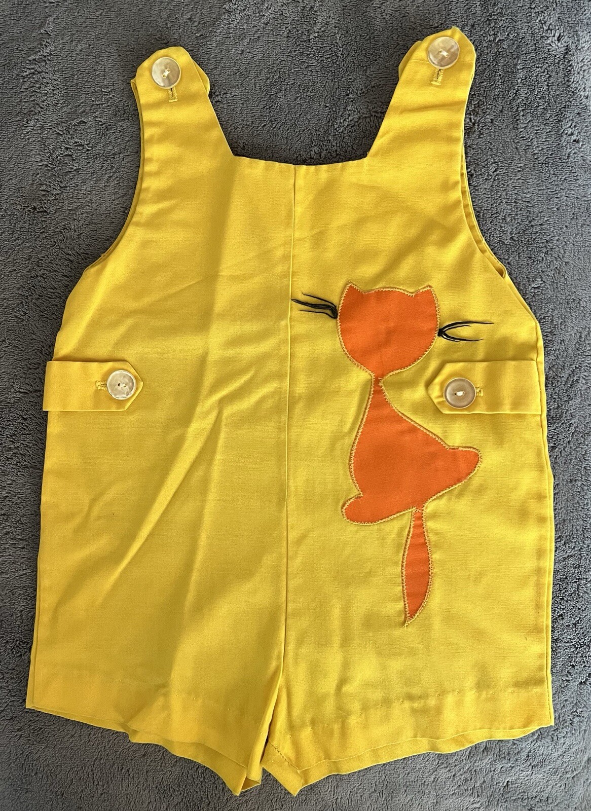 Fawn Togs Vintage Baby Romper Overalls Yellow Embroidered Orange Cat Size 3 EUC