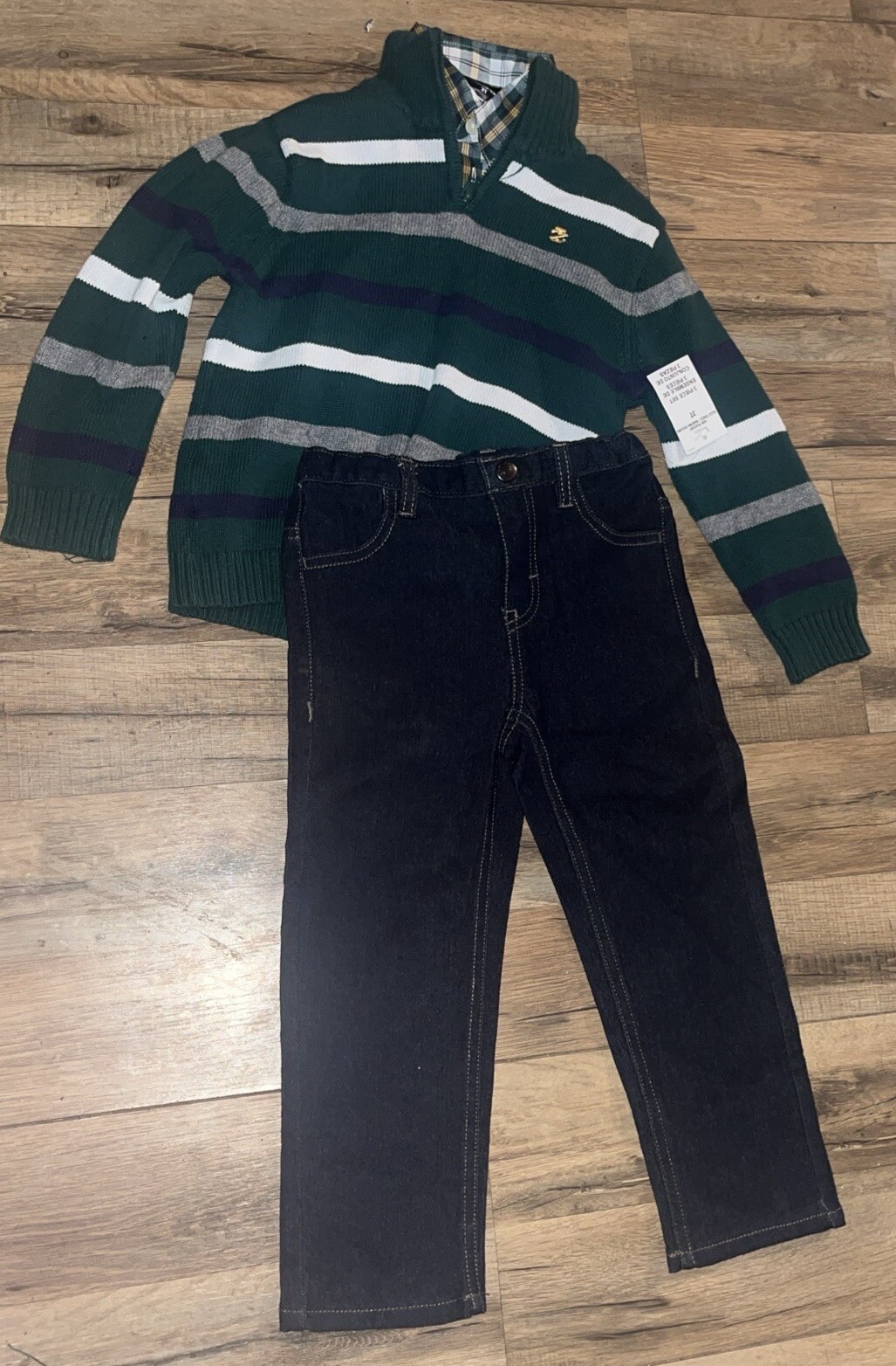 Boy’s Izod 3 Piece Sweater Set Green Blue White Plaid Stripes Jeans Size 3T