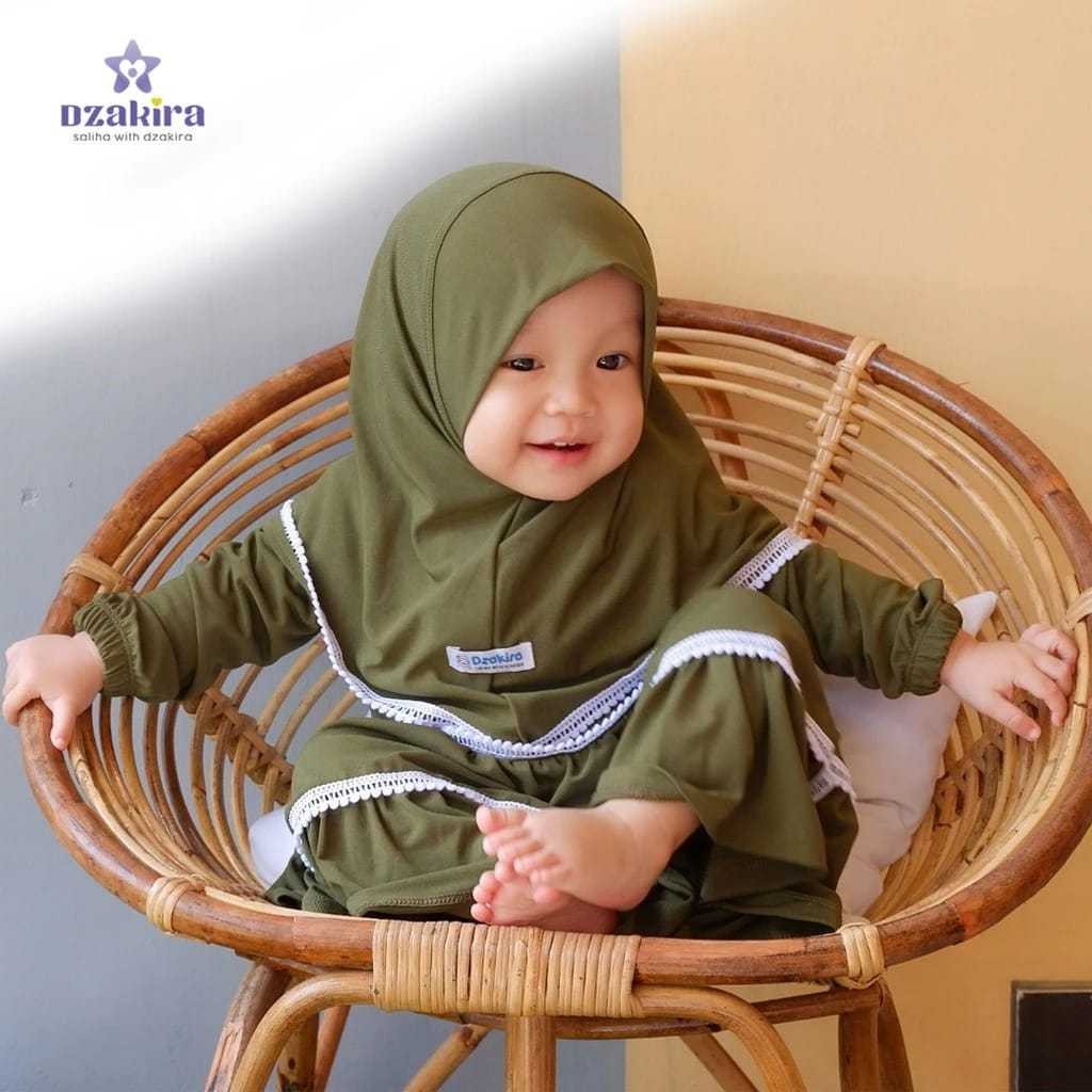 Baby Girl Muslim Dress 0-3Y Kirana Premium Jersey Twist Pom-Pom Lace Army Colour