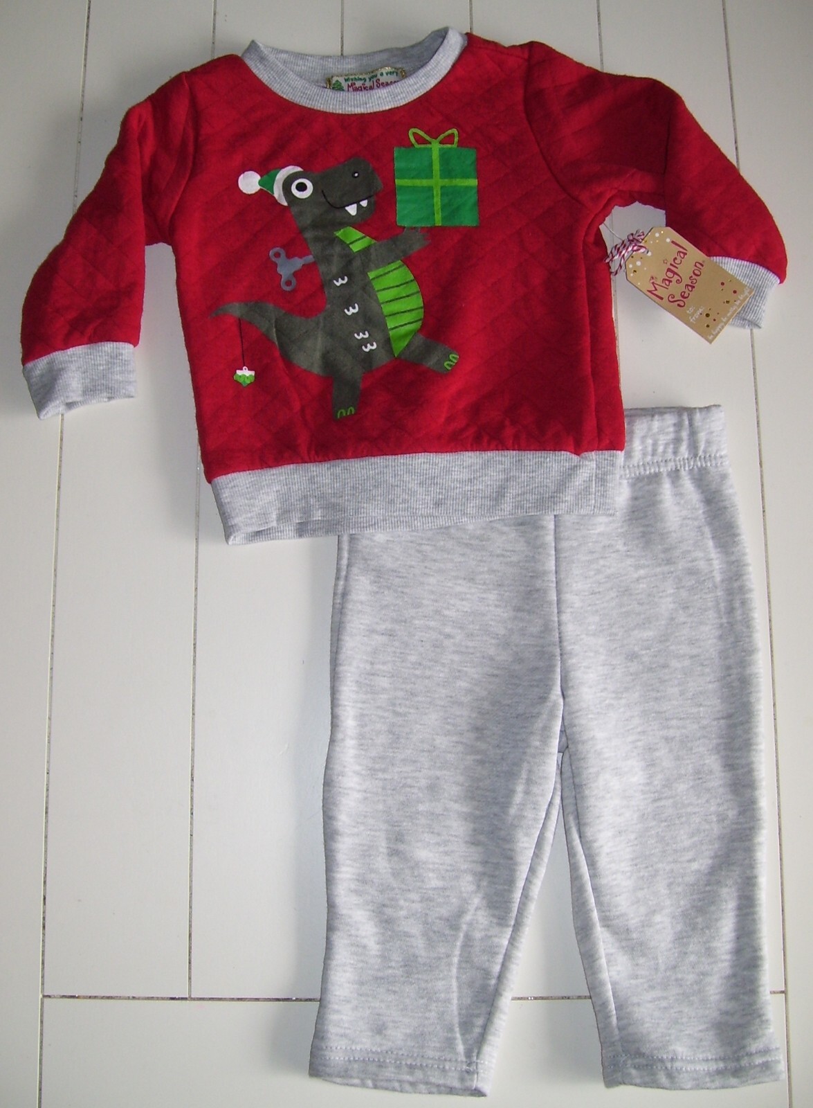 Boys Magical Season 2 Pc T Rex Dinosaur Shirt and Pants Christmas Outfit Sz 2T