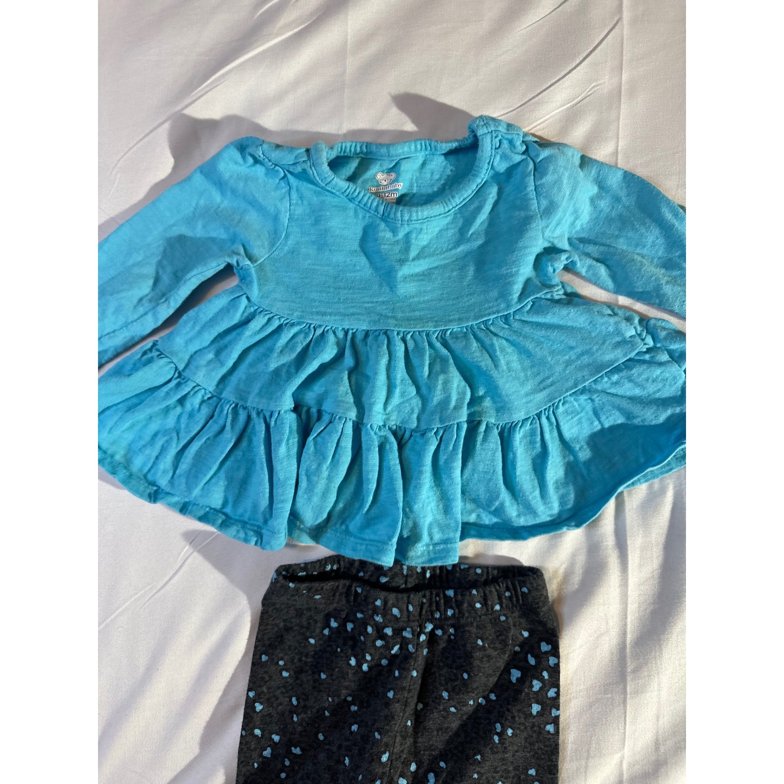Koala Baby Girls 9-12M Blue Peplum Ruffle Top Gray Heart Leggings Outfit Set