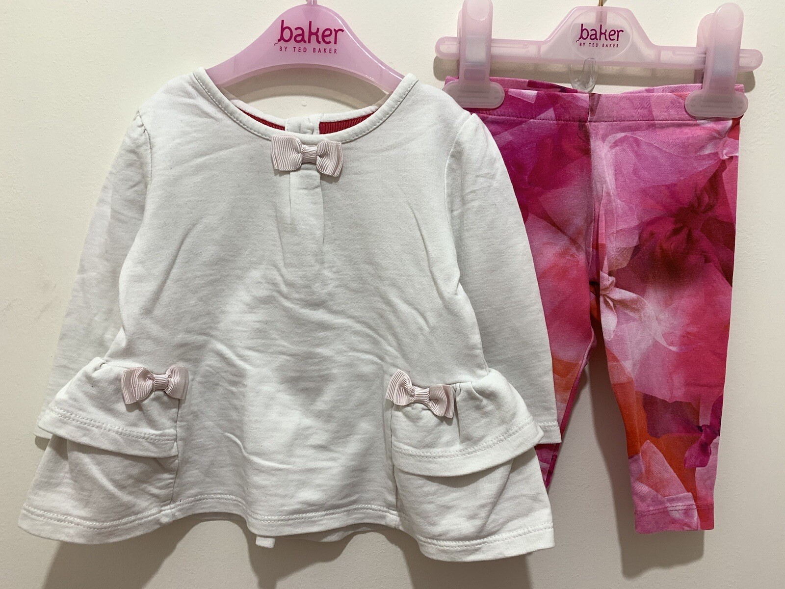 Baby Girls Designer Ted Baker Peplum Top Pink Bow Print Leggings Outfit 3-6m🎀