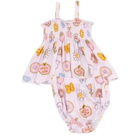 ANGEL DEAR NWT Bamboo GROOVY PATCHES 2pc Set Smocked Top & Bloomers 6-12m