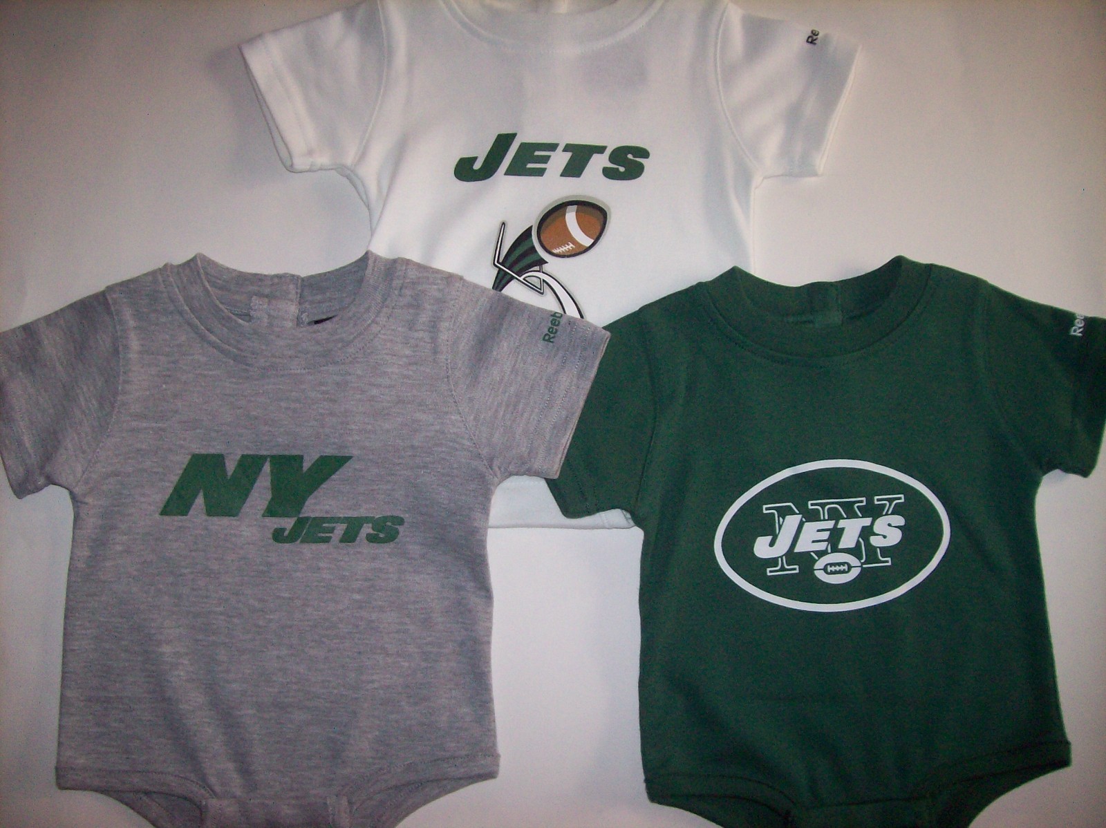 New York Jets Bodysuits 3pc Set 0-3 Mos Team NFL Reebok Cotton Poly Assorted
