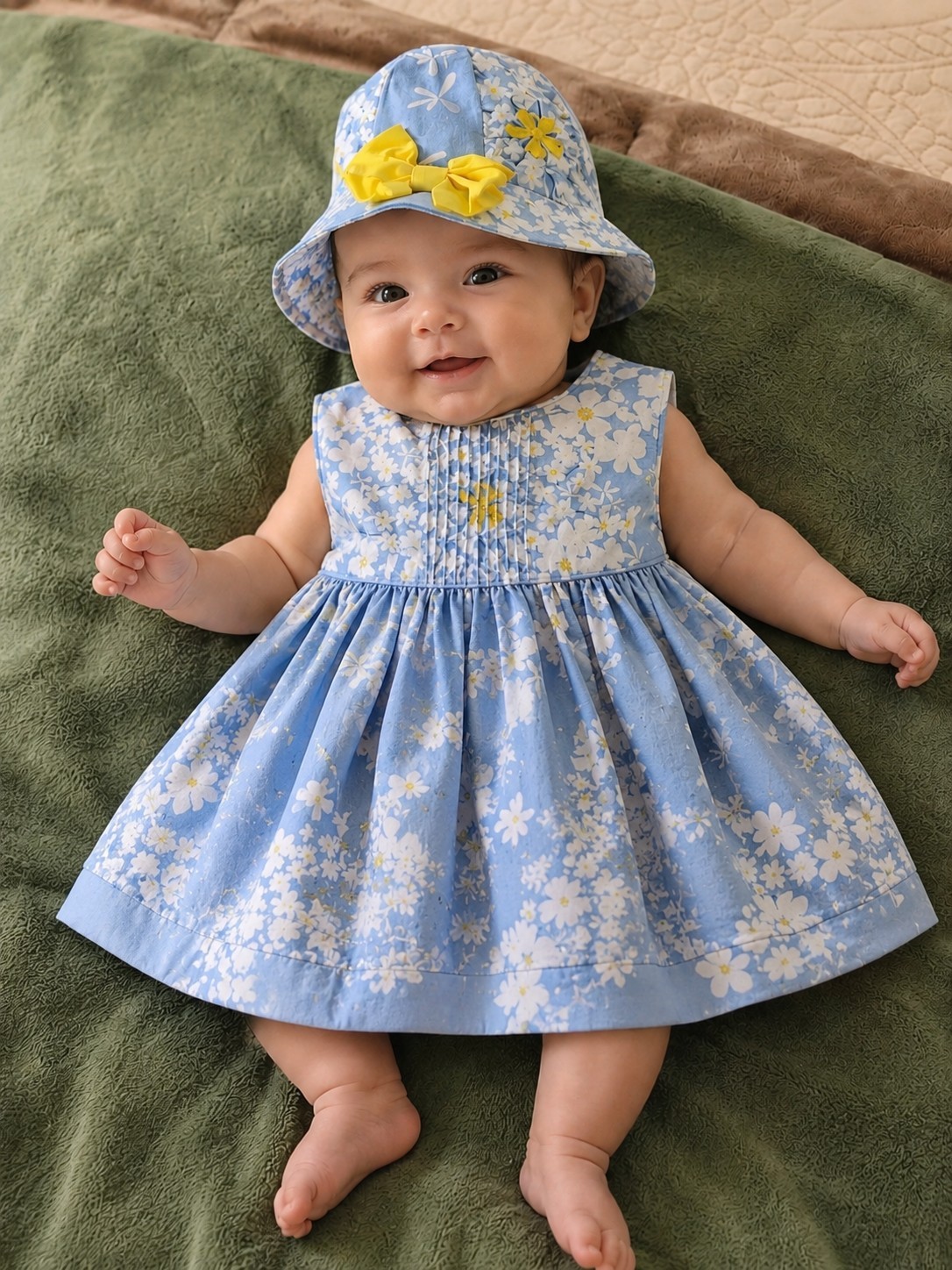 New Blue Floral dress& hat, 100% cotton, one of a kind,high quality, seller made