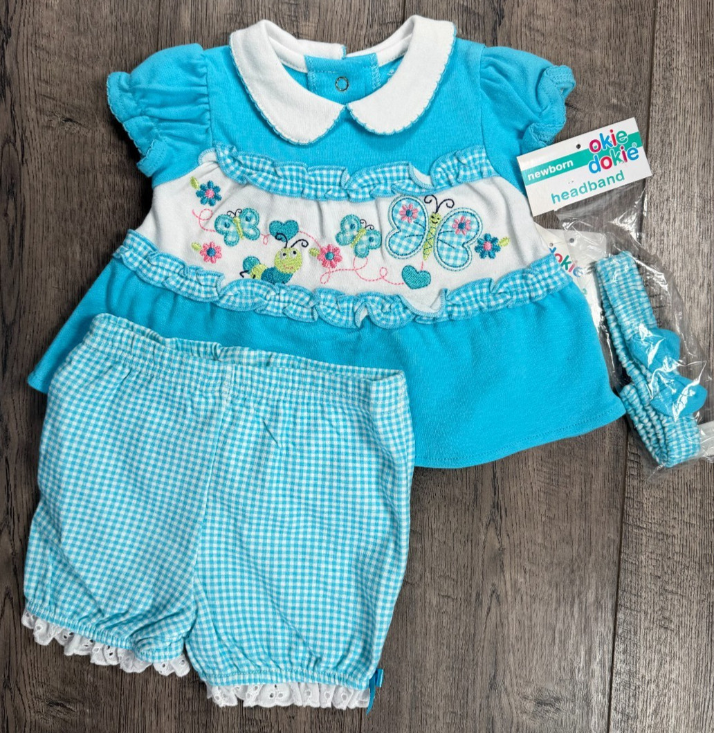 Baby Girl Clothes New Vintage Okie Dokie 0-3 Month 3pc Blue Butterfly Outfit