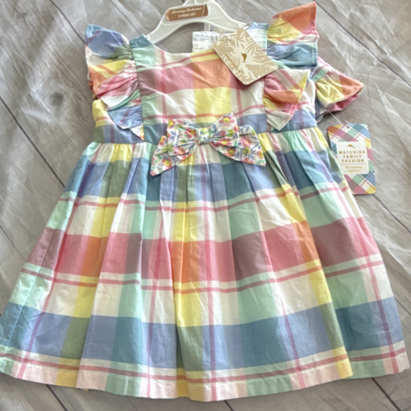 Tommy Bahama Girls Plaid Cotton Dress Set w/ Bloomers 3-Pc 12M Bow Ruffle