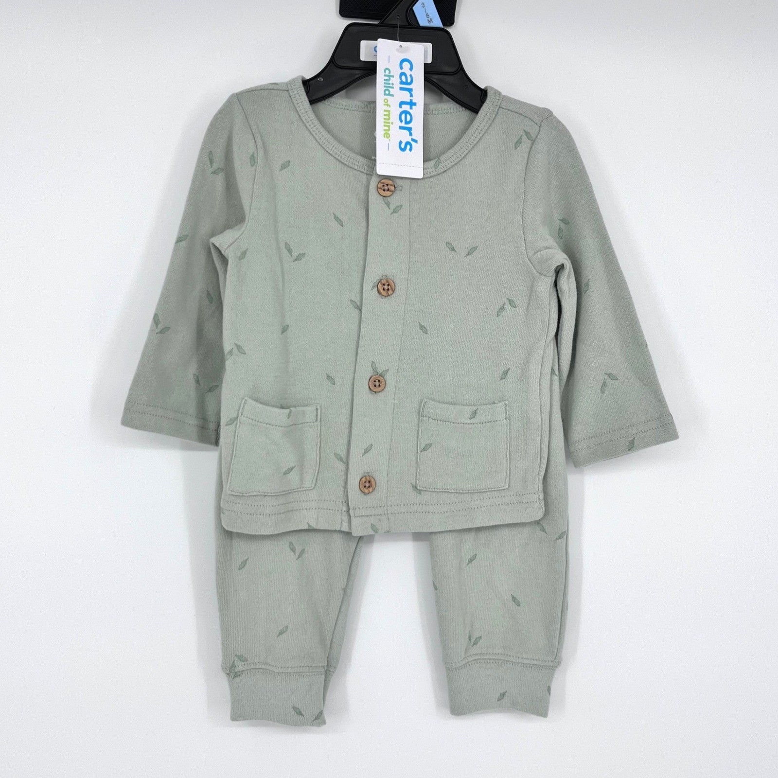 Carters Child of Mine 2-Piece Set Kids 3-6M Sage Green Leaf Print Cardigan Pants