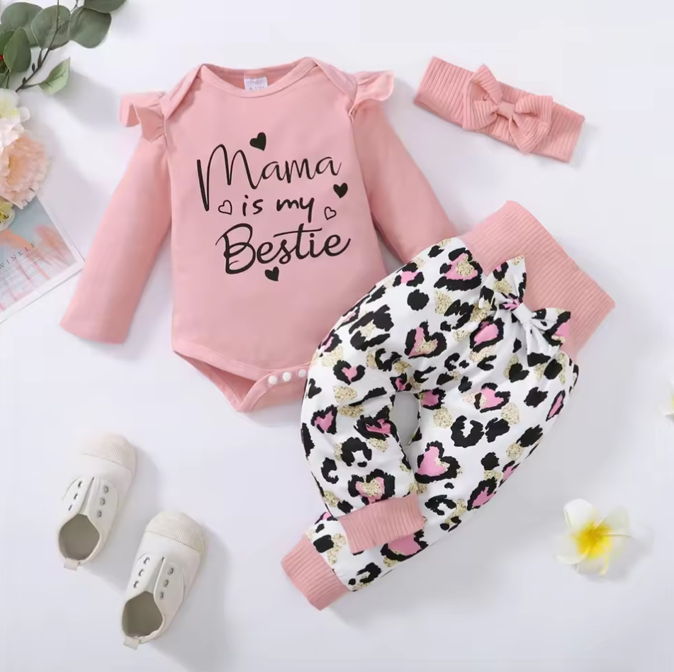 Baby Girl Daily Clothes Set Mama Print Long Sleeve Romper Top Heart Print Pants