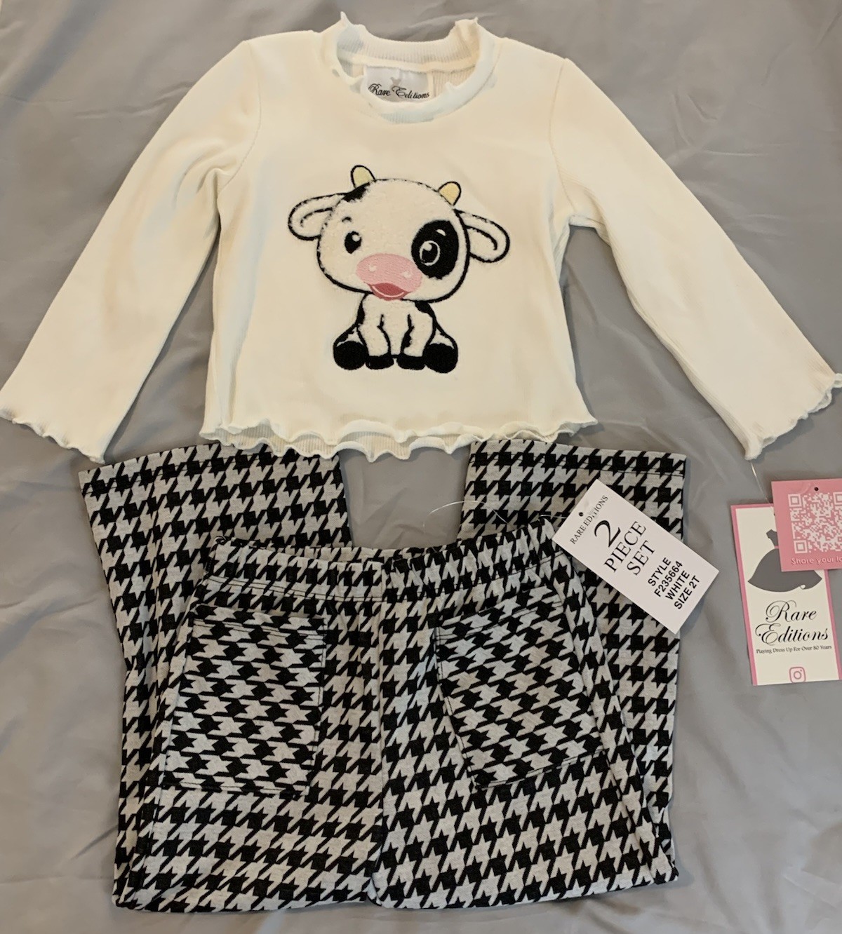 Girls Cow Appliqué Top and Houndstooth Pant Set Size 2T Wide Legs New