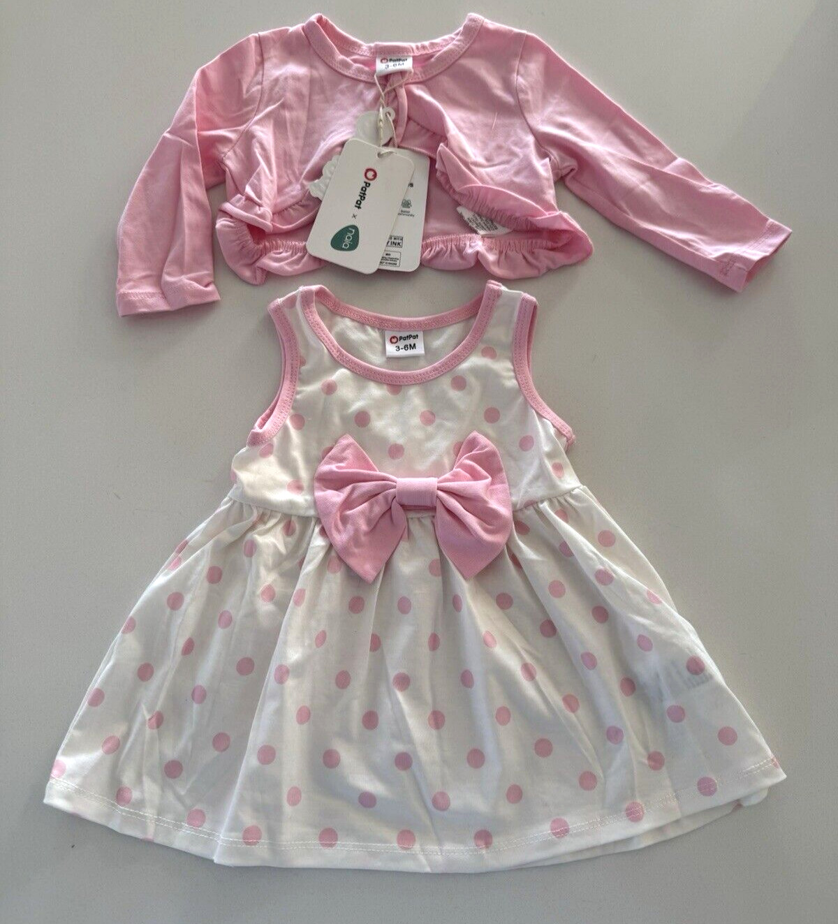 baby girl dress with cardigan Pat pat 2 pcs set baby girl pink white cotton 3-6M