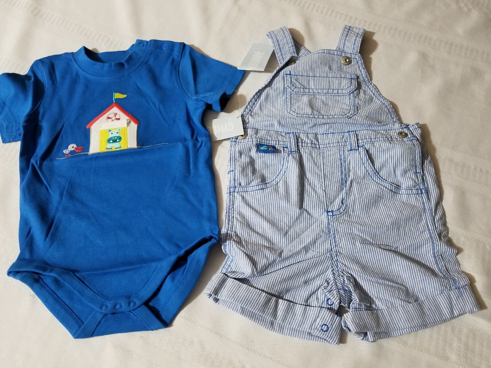 GYMBOREE Hippos & Blues 18-24 Month Blue Bodysuit Overalls Summer Outfit NWT