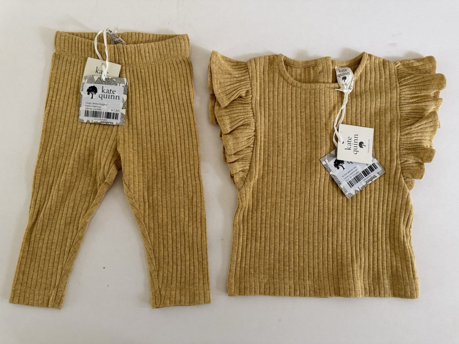 New Kate Quinn 6-12 Month 2 Piece Set Ribbed Leggings & Flutter Sleeve Top Honey