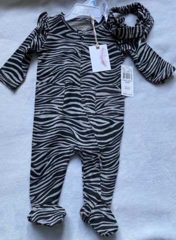 Jessica Simpson romper sleeper headband set gray black zebra NWT 3m 6m18m sister