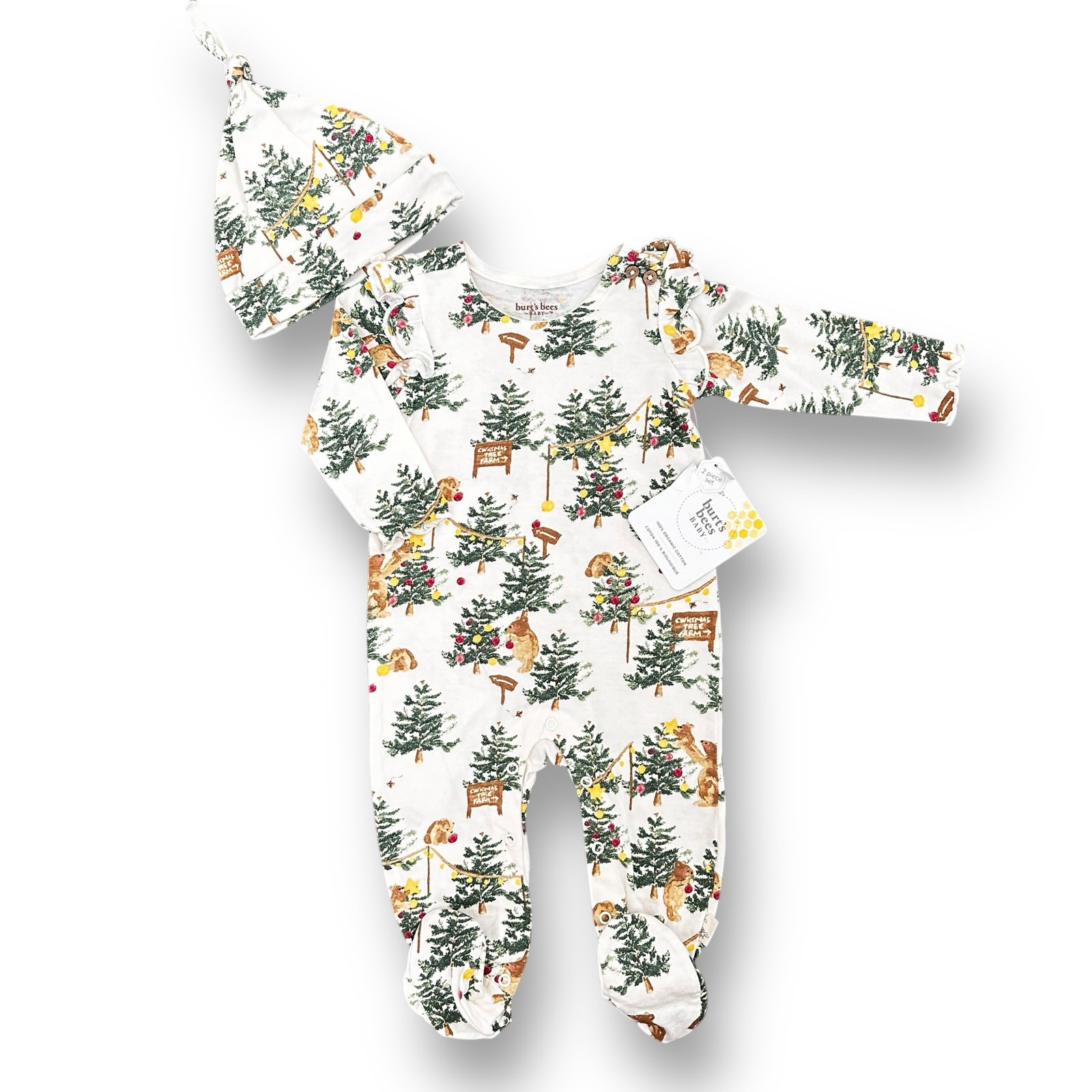Burt’s Bees Baby Mama Bear Christmas Jumpsuit & Knot Top Hat Girls Sz 3-6 Mos