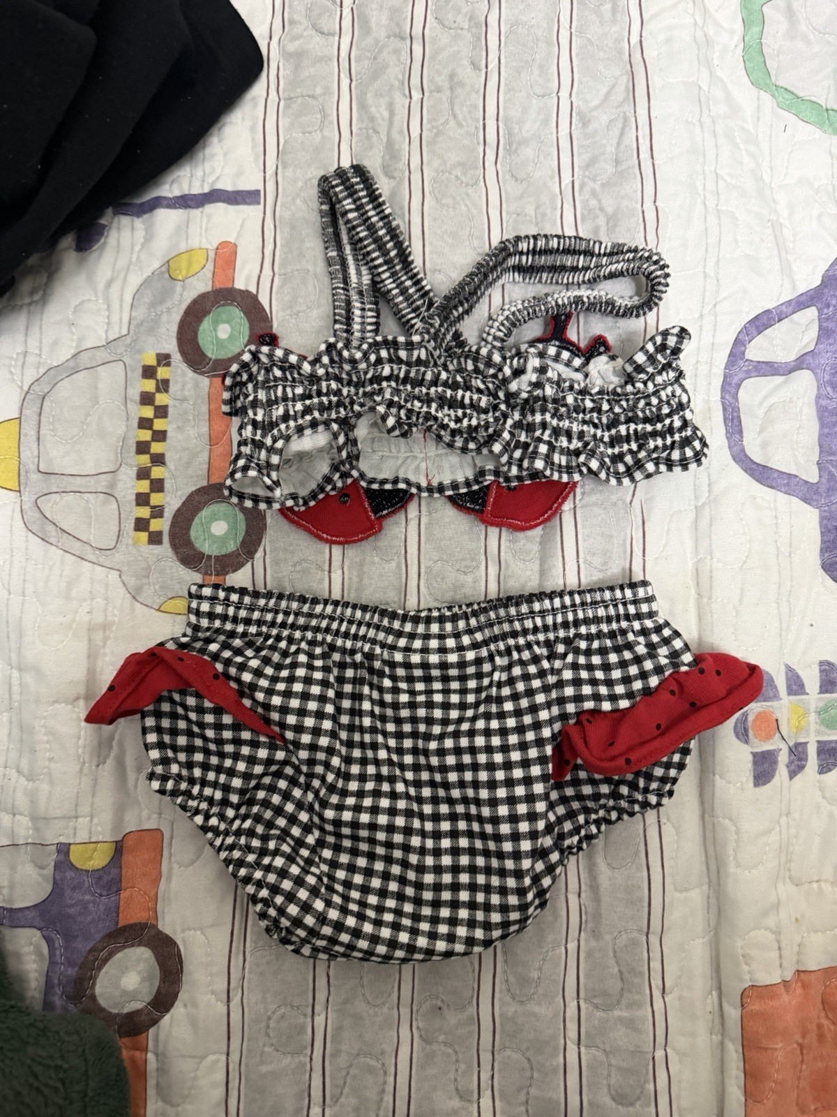 Vintage KaBoom Ladybug Baby Outfit 12 Months 2pc Set Gingham Bloomers Y2K Cute