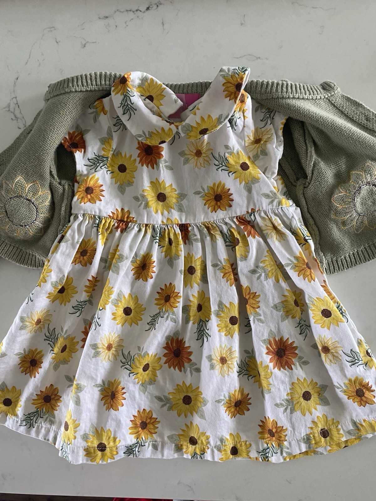 Lot of 2 pcs : Ivory Girls Baby Gap Dress 3-6M, Sunflower Dress/Cardigan 12M