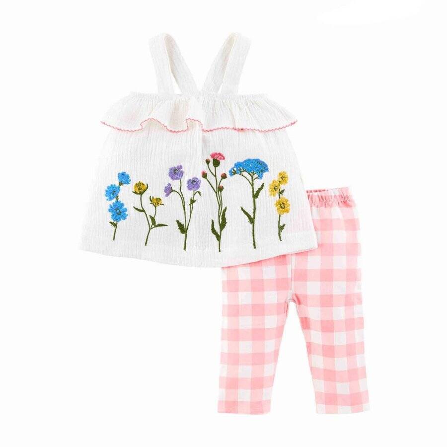 Mud Pie Farmhouse Flower Embroidered Tunic & Capri Set 12-18M 24M/2T 3T 4T 5T