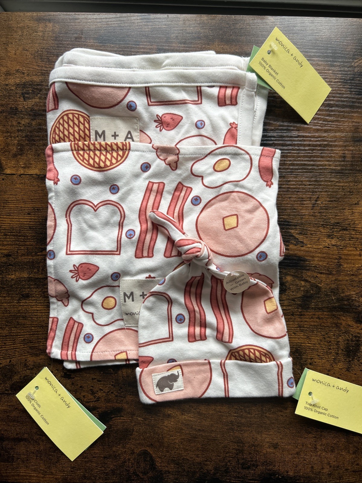 M + A Monica + Andy Breakfast Time Baby Blanket, Burp Cloth & Top Knot Cap