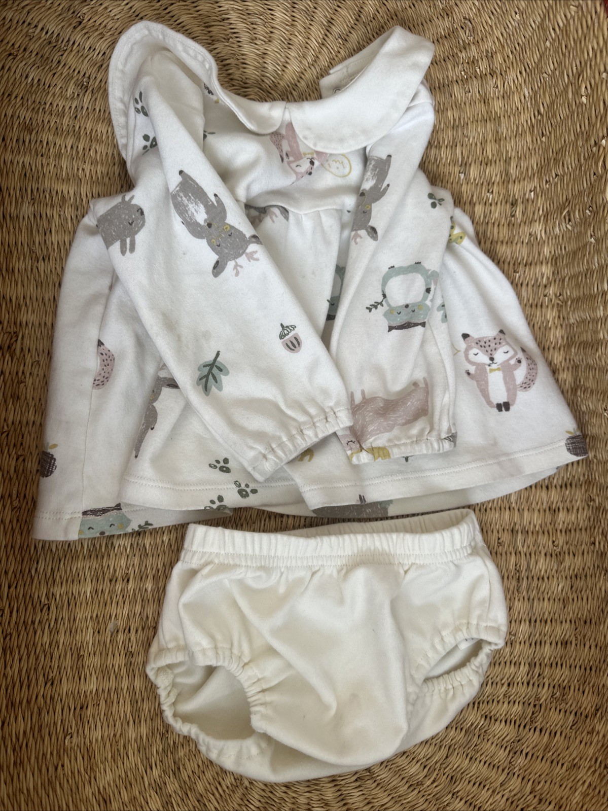 Baby White Bubble Dress 100% Cotton Peter Pan Collar Animals 12 Months See Pics