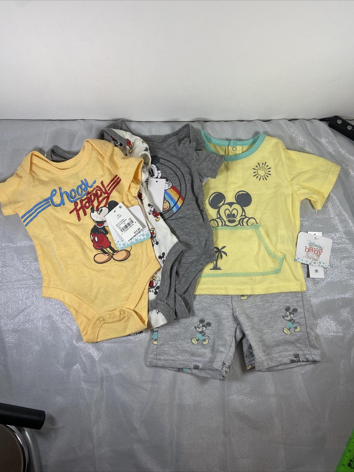Disney Baby 0-3M One Piece 3 Pk & 3/6 M Mickey Mouse Shorts Outfit NWT