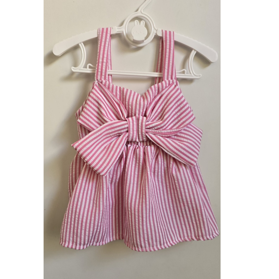 Pink White Striped 2-Piece Shorts Set Sleeveless Bow Top 12-18 months
