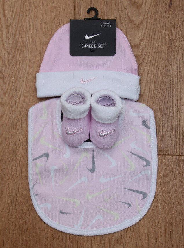 Nike Baby Infant 3 Piece Hat, Bib & Booties Set~Pink, White, Gray & Yellow ~0-6M