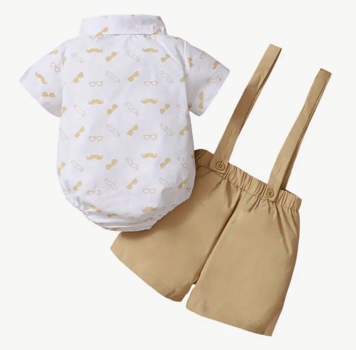 Baby Boy 2PCS Outfit Set, Mustache Bow Romper, Short Solid Color Pants