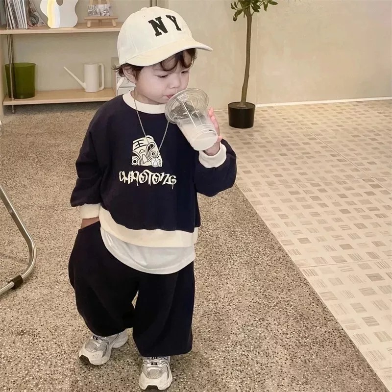 Unisex Casual Cute Cartoon Letter Long Sleeve Sweatshirt & Trousers Set – Atal