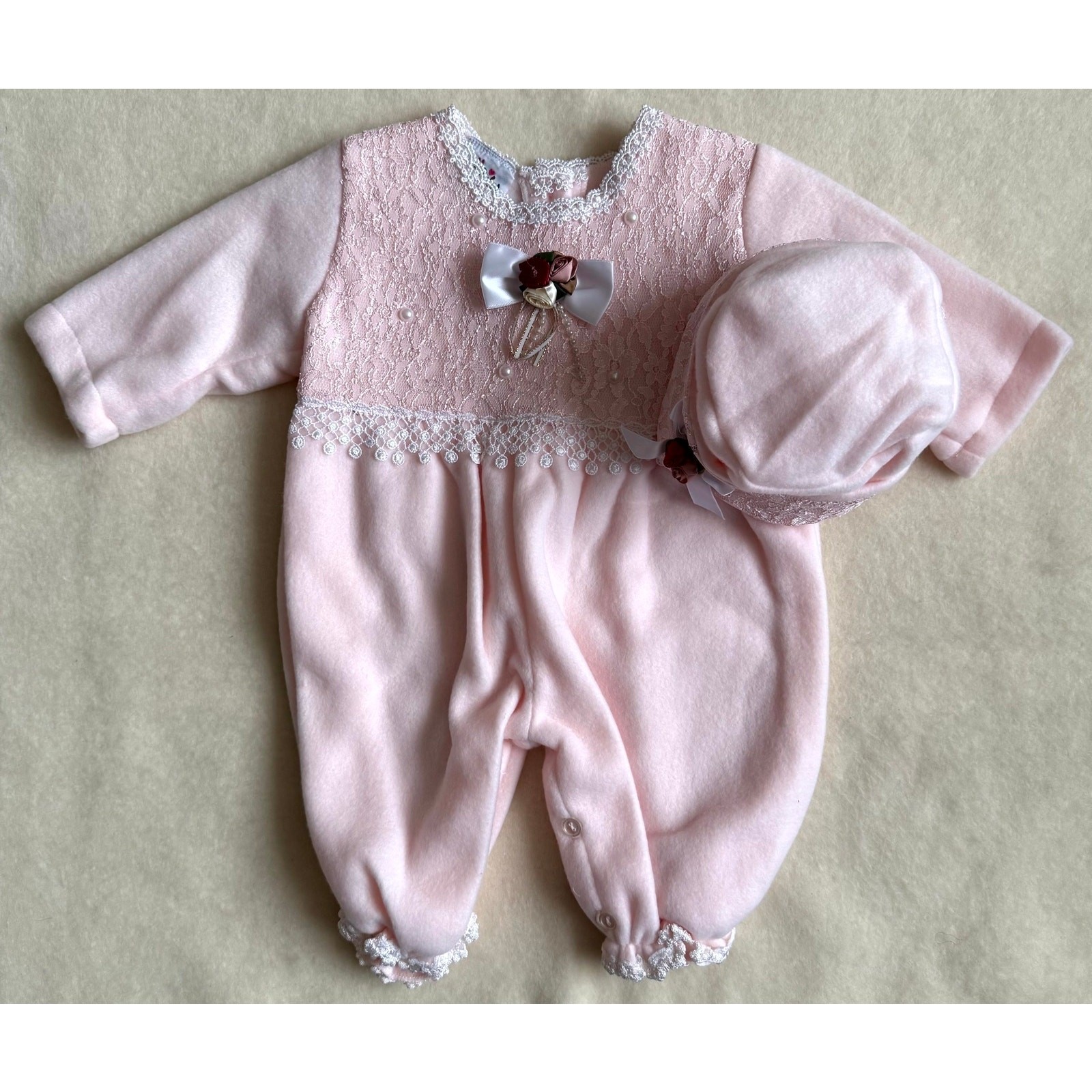Vintage 90s It’s Baby 2-Piece Romper Set Girls 18 Months Pink Lace Rosettes Cap