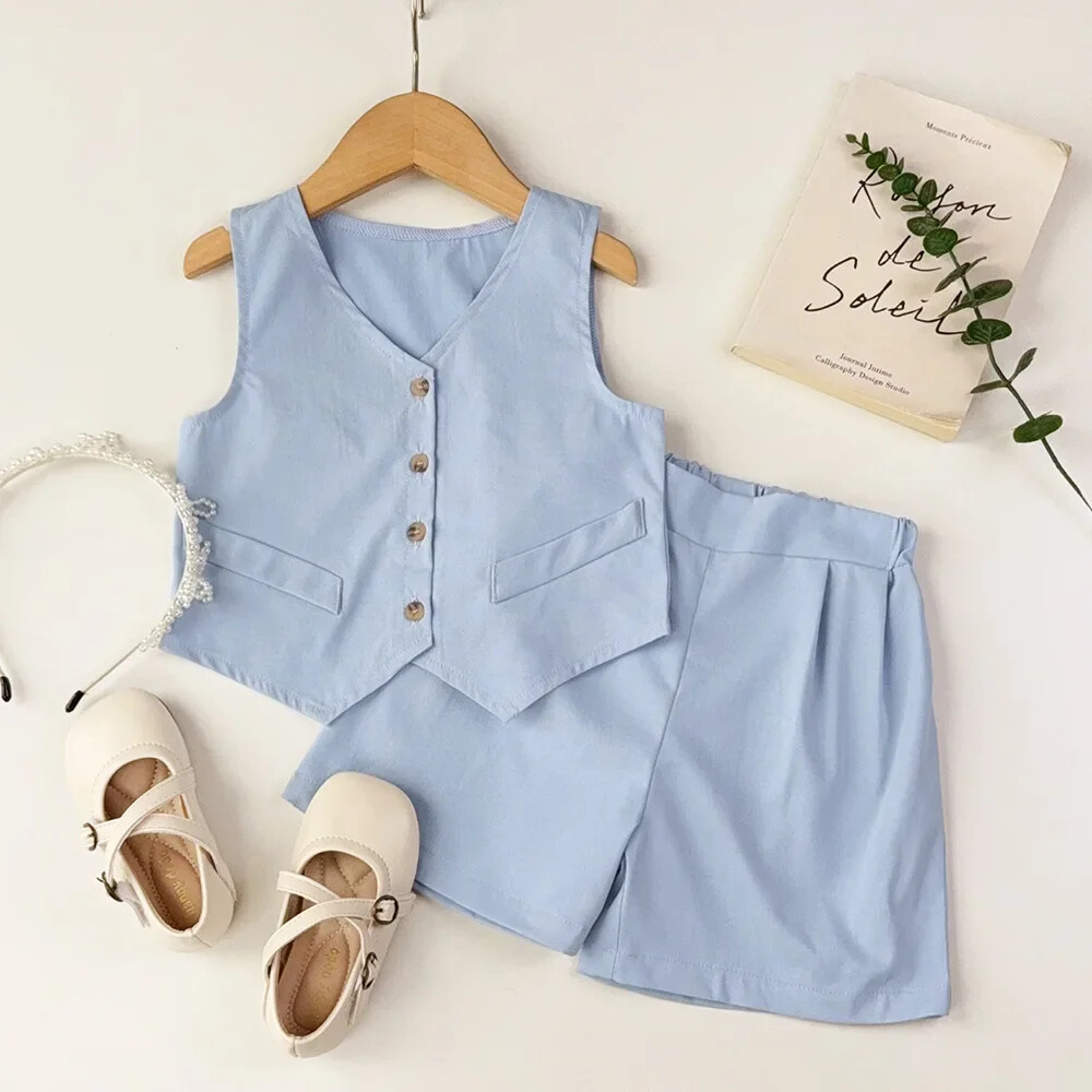Summer Basic Girls Clothes Single Sleeveless Top+Shorts 2Pcs Sets Wedding Suit