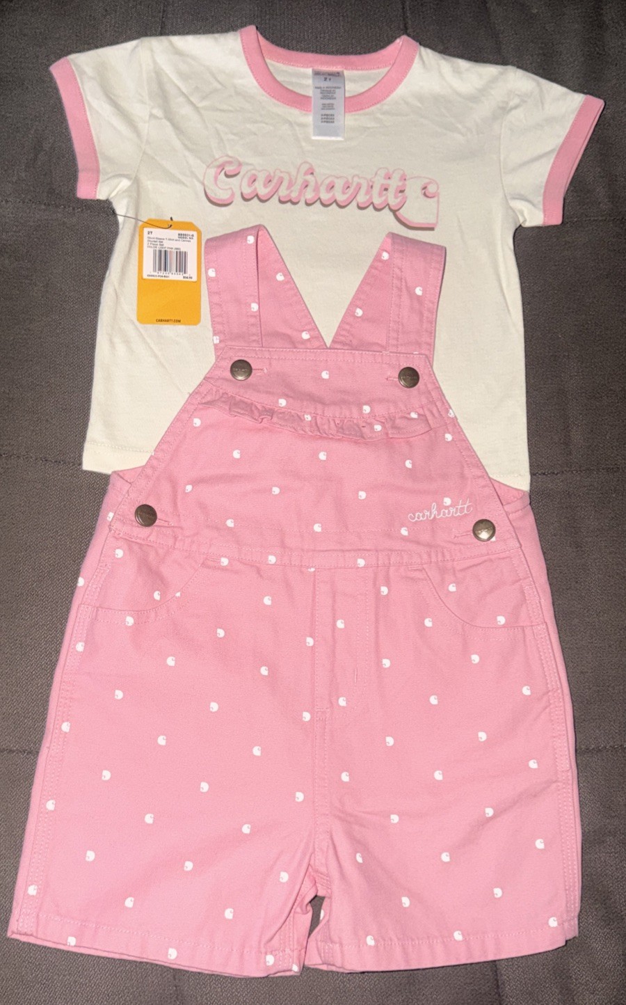Carhartt💕Girl’s Short-Sleeve T-Shirt C’ Logo Print Canvas Shortalls Set Pink 2T