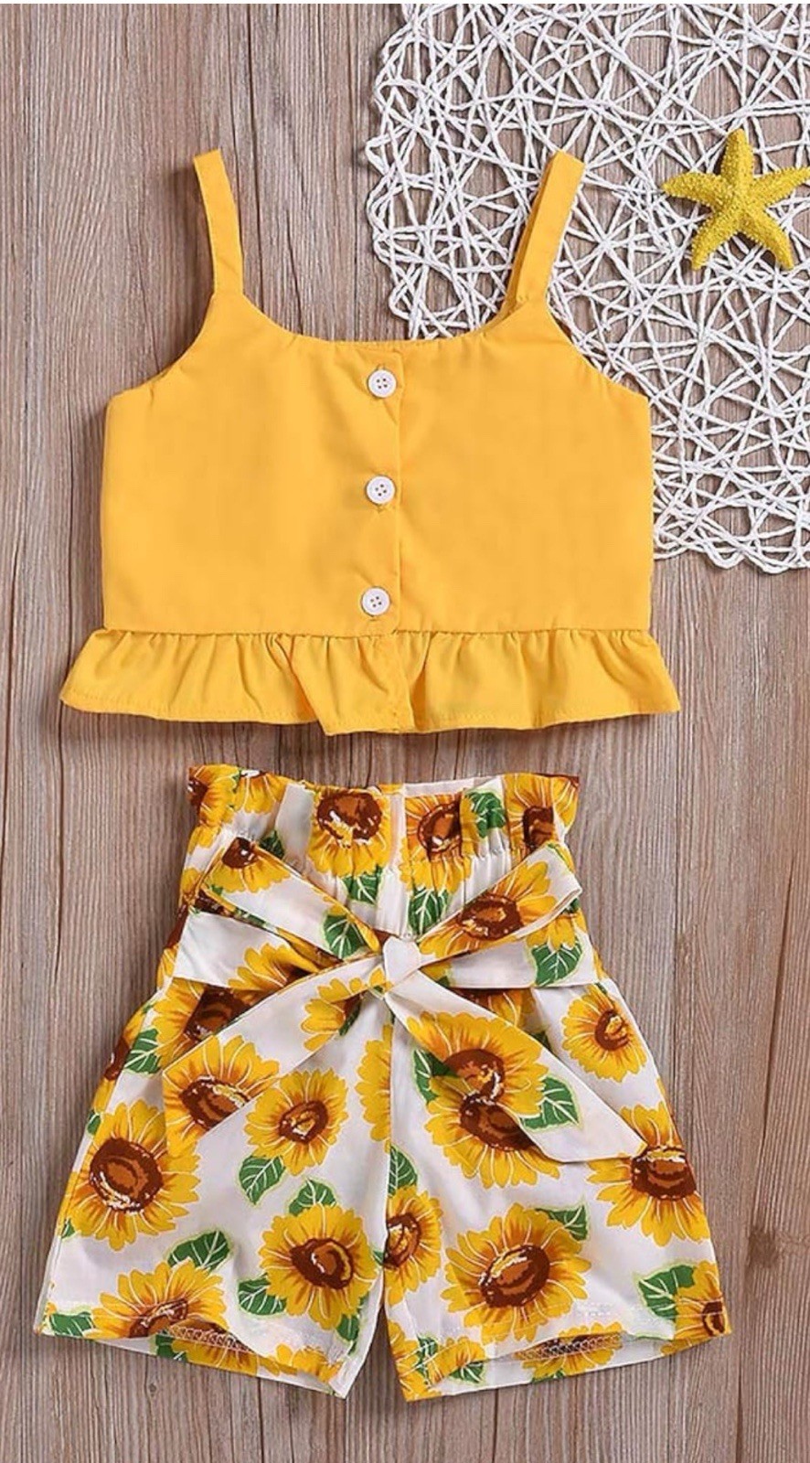Girl’s outfit Sleeveless Toddler Top+ Sunflower Ruffle shorts yellow size XS 5-6