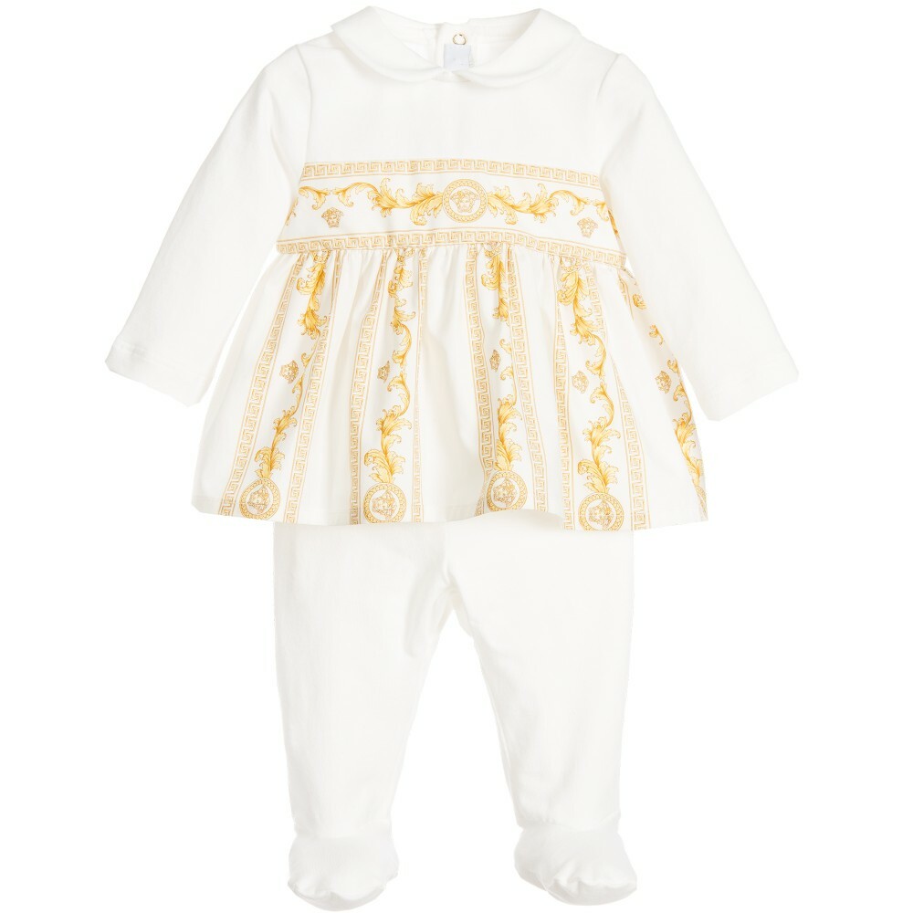 NWT NEW Young Versace ivory gold cornici print 2pc set babygrow outfit 3 6m
