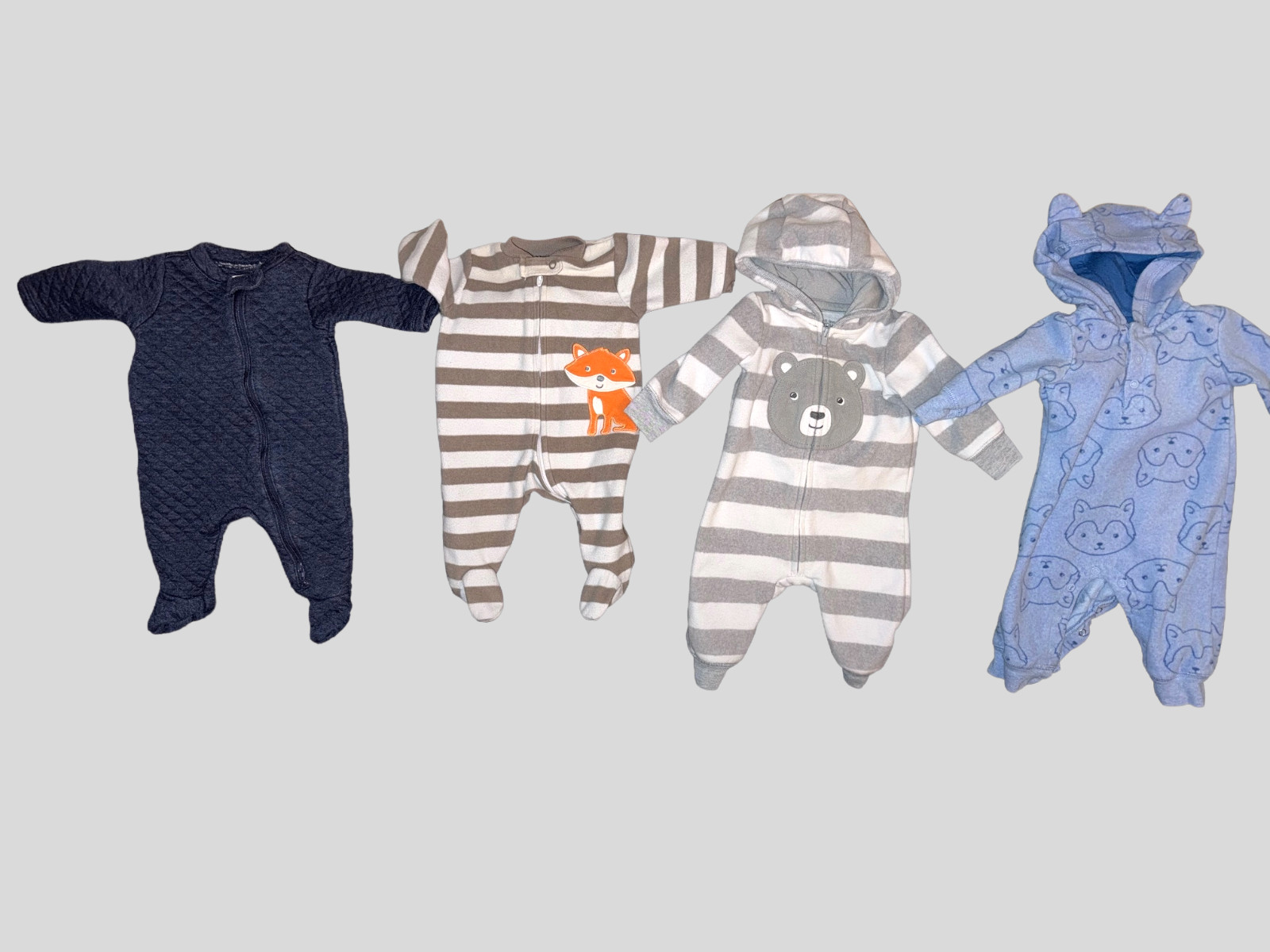 Carter’s Newborn-3M Boy Lot of 4 Cozy Footed Hooded Winter Thick One Pieces
