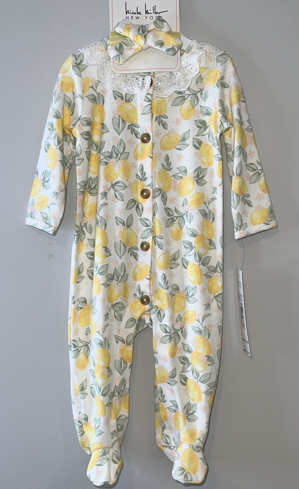 Nicole Miller Baby L/S Bodysuit & Headband 6-9 Mon Lemon Print Embroidered NWT