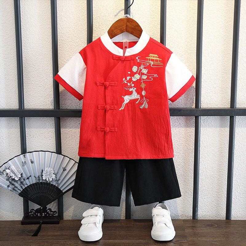 2x Kids Boy Hanfu Tang Suit Chinese Traditional Short Sleeves Shirt Shorts Retro