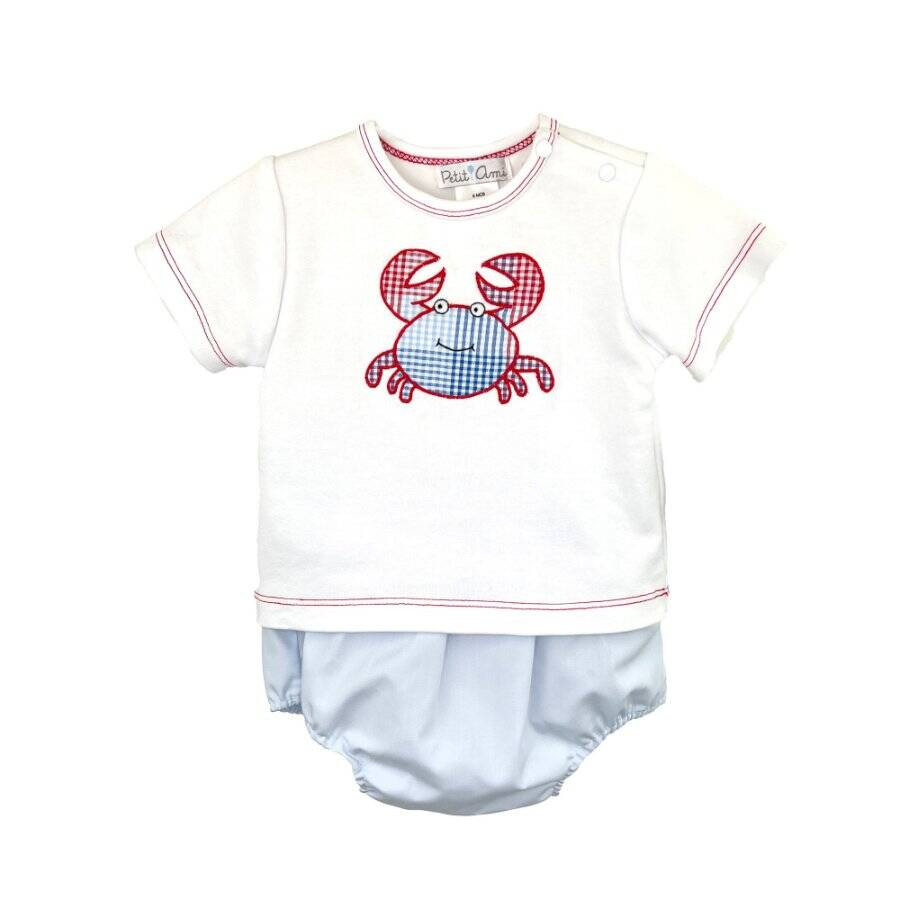 Petit Ami White Red Light Blue Crab Applique Diaper Set 3 6 9 Months