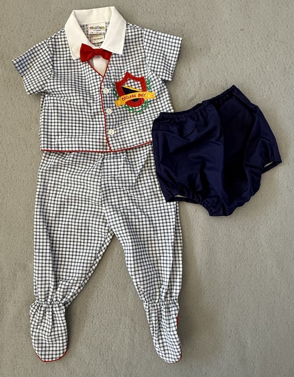 VTG 70s Baby Boy Outfit Plaid Bow tie Romper Diaper Set Sz 0-6 Mo Nurserycore