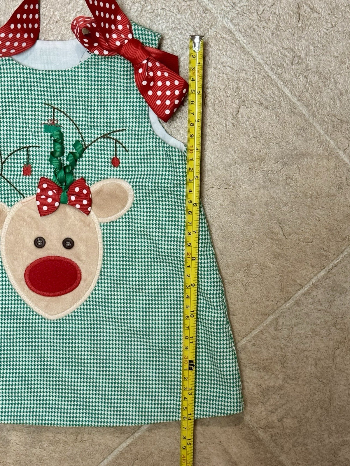 VTG Bailey Boys 12 Mo Girl 2 Piece Set Green Houndstooth Reindeer Bows Holiday