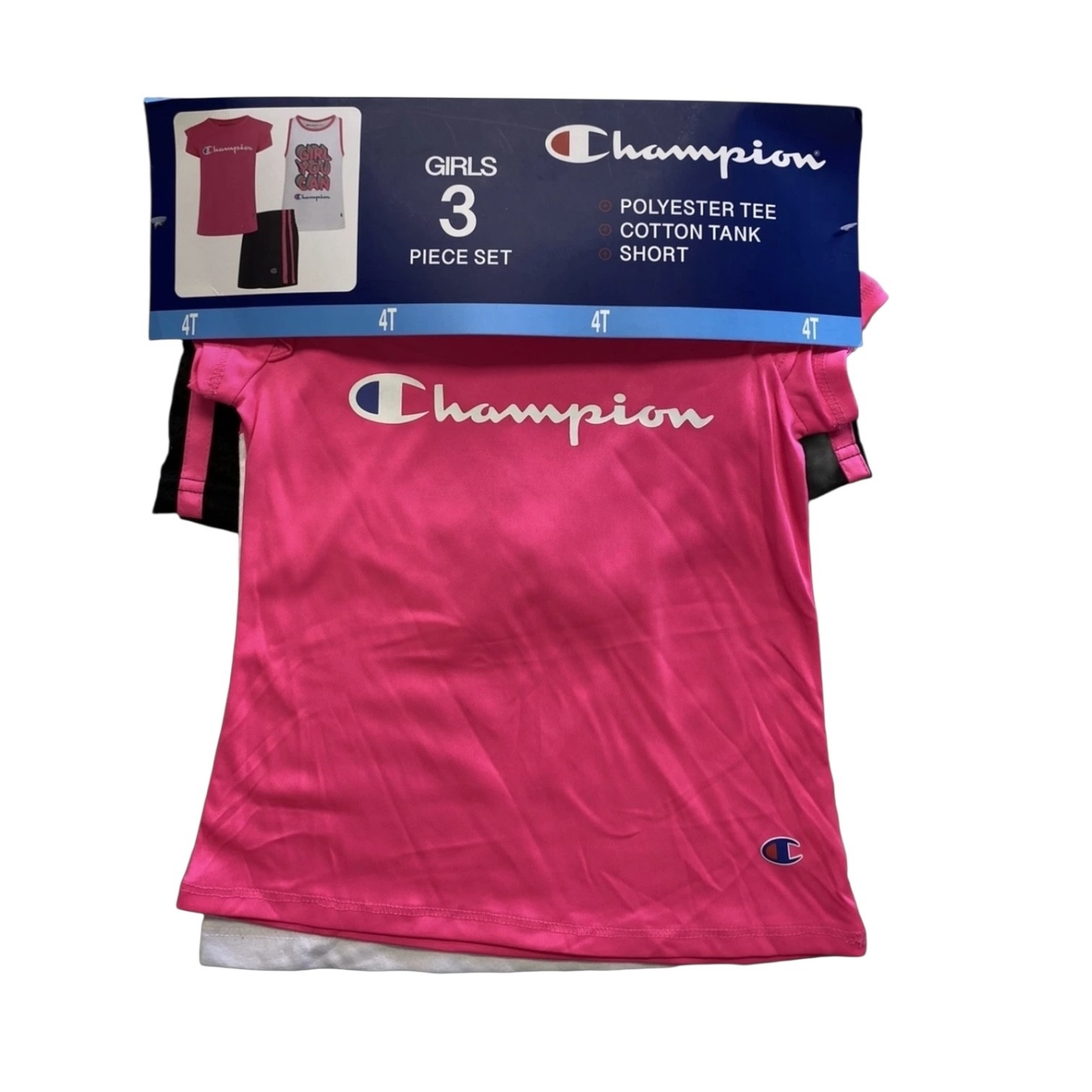 Champion Girls Size 4T T-Shirt Short 3 Piece Set Summer Tee Cotton Pink White