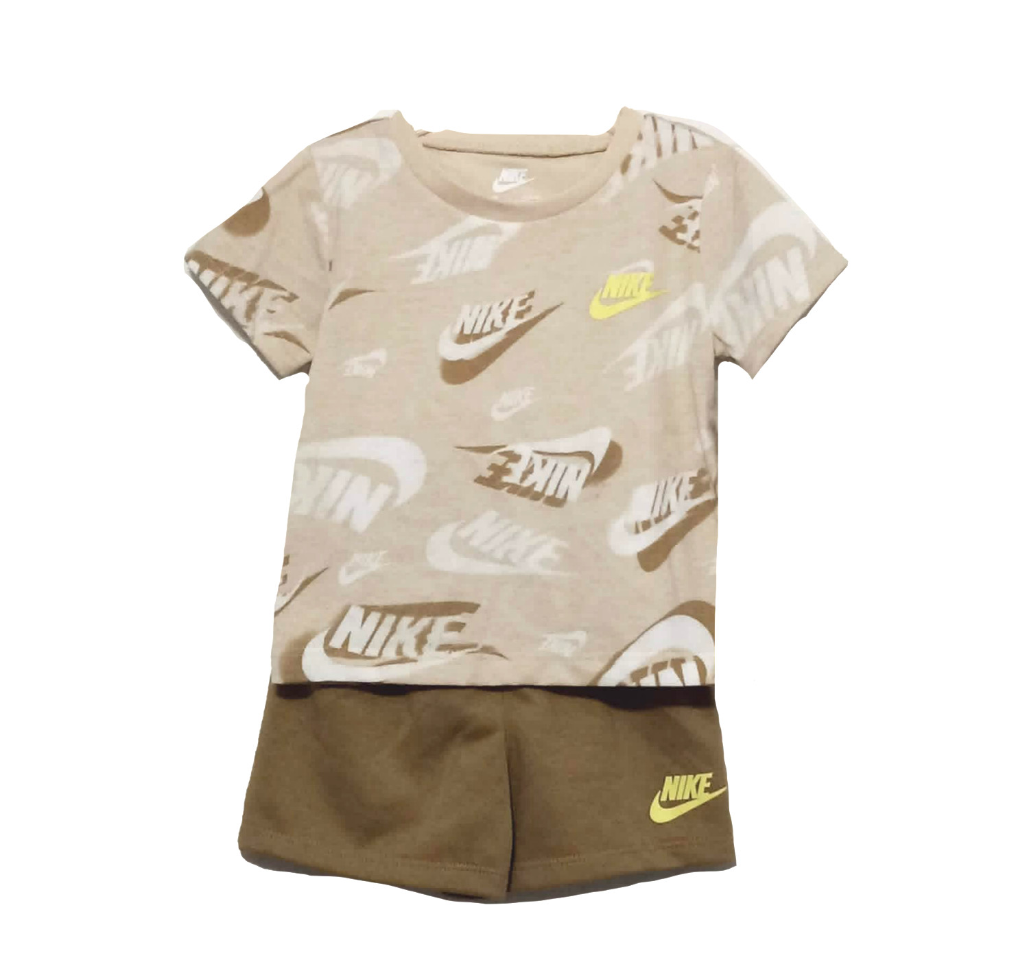 NWT Nike Baby Boys Logo Shorts Set 12 Months Pullover Swoosh Khaki Beige Outfit