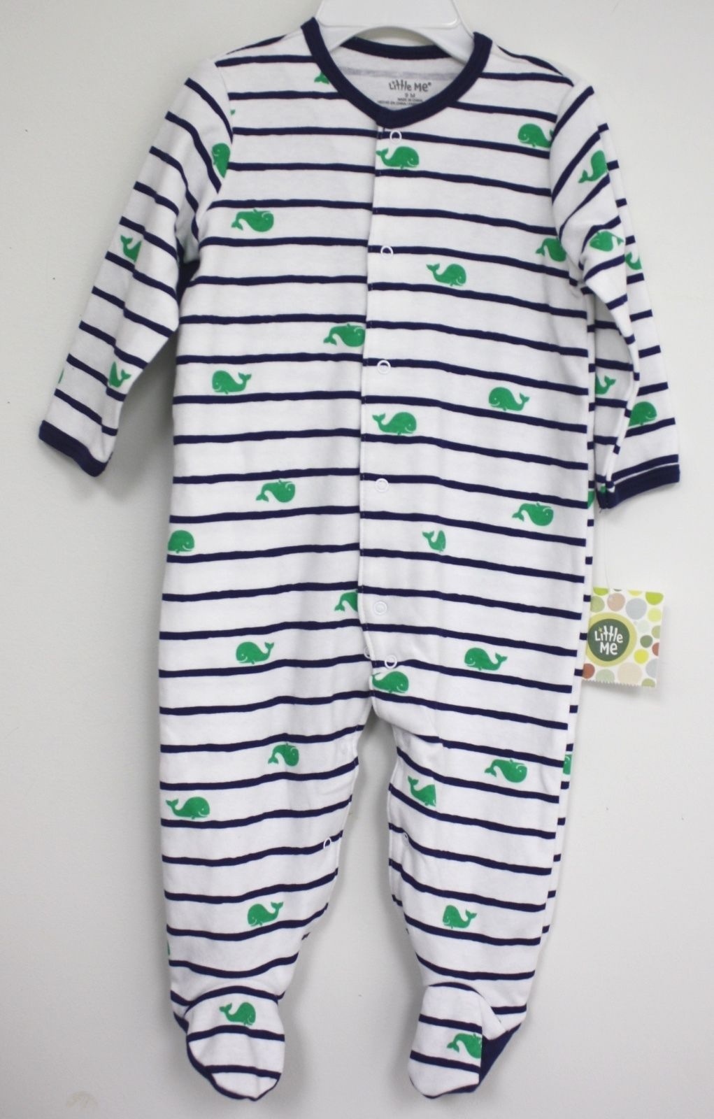 Little Me Outfit Navy Blue Green Whales 2 pc Hat New Infant footed White Striped