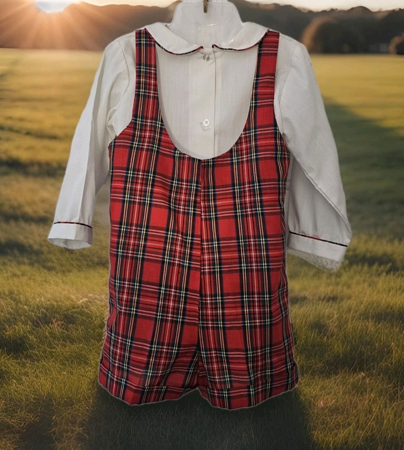 VTG Peaches N Cream Plaid Red Tartan Romper Peter Pan Collar Set Free Shipping