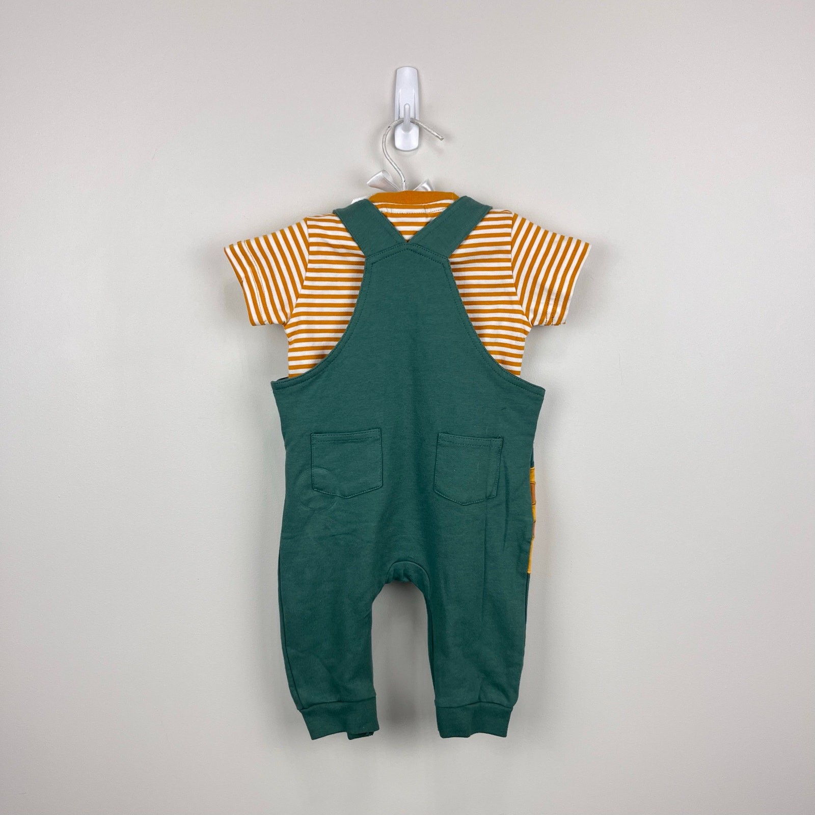 JoJo Maman Bebe Khaki Diplodocus Appliqué Dungarees & T-Shirt Set 3-6 Months NWT